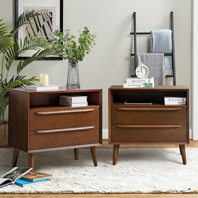 HULALA HOME End Table with Charging Station, Mid-Century Modern 2 Drawer and by HULALAHOME