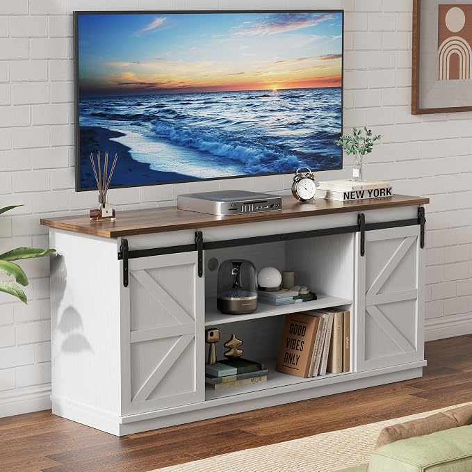 YESHOMY Farmhouse TV Stand for Televisions up to 65 Inches, Sliding Barn Doors by SearchallYESHOMY