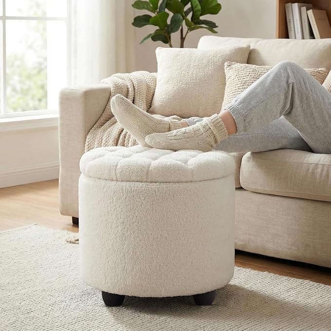 Furniliving Modern Round Storage Ottoman, Button Tufted Ottoman Footstool - Image 9