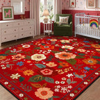 Floral Washable 5x7 Area Rugs Red/Orange | Flower Carpet Print Boho Cute Non - Image 9