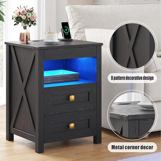HWB LED Nightstand with Gun Drawer: Bedside Table with Charging Station - Image 7