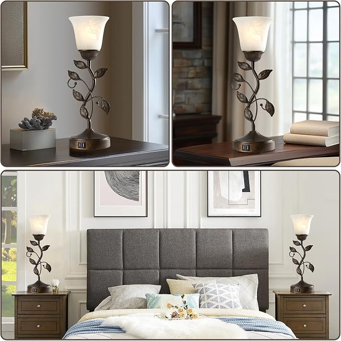 Set of 2 Touch Farmhouse Bedroom Table Lamps, Nightstand Vintage Flower Lamps - Image 4