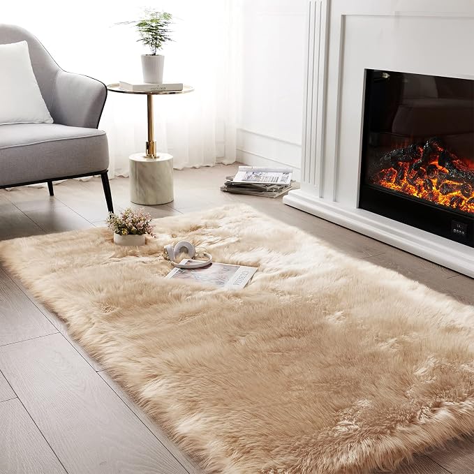 SERISSA 4x6 Fluffy Beige Faux Fur Area Rug by SERISSAHomeDecorCollection