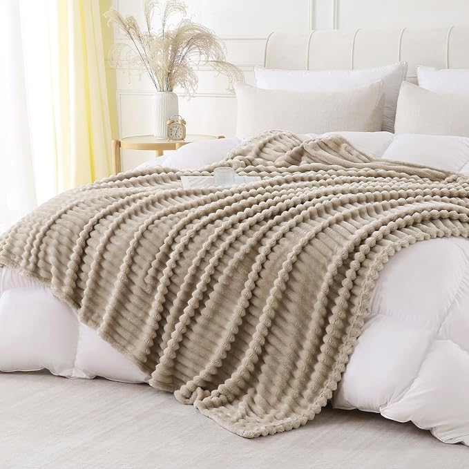 Khaki Throw Blanket for Couch Sofa 50x60 inches Striped Design | Fleece - Image 5