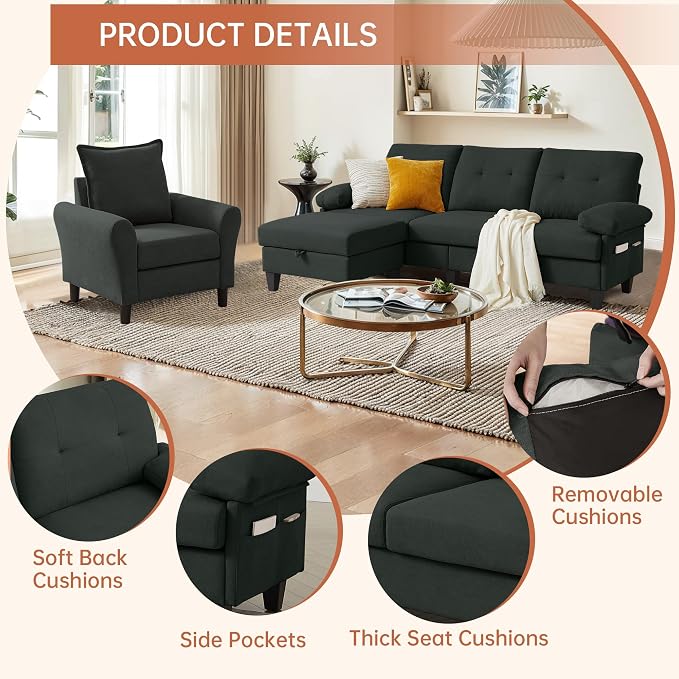 2PCS Sectional Sofa Set with Ottoman, Modern Linen 4 Seater Couch Set with Side - Image 3
