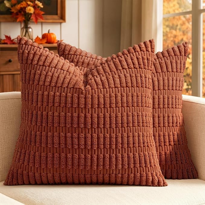 MIULEE Fall Euro Sham Corduroy Decorative Throw Pillow Covers 24x24 Rust | by MIULEE