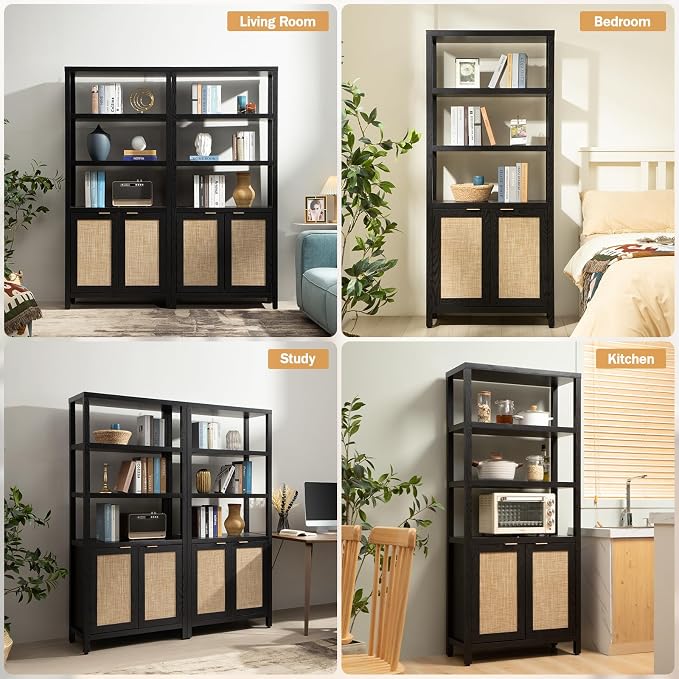 SICOTAS Bookshelf 5 Tier Book Shelf Rattan Boho 71" Tall Bookcase - Image 7