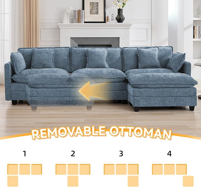 111'' Sectional Cloud Deep Seat Couch, Modern Comfy Chenille L Shaped Sectional - Image 6