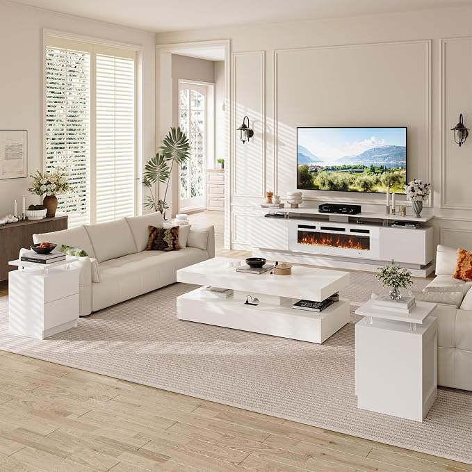 4-Piece Modern Living Room Table Set, Includes High Gloss 70" Fireplace TV Stand - Image 5