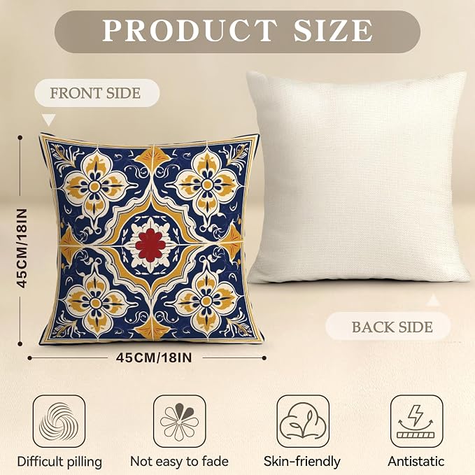 OBSEDE Throw Pillow Covers Set of 4, 18x18 Inch Blue and Yellow Mediterranean - Image 3