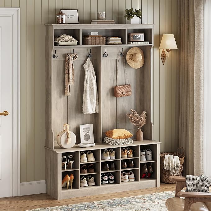Wodeer Hall Tree with Bench and Shoe Storage, 6 Hooks, 12 Shoe Cubbies by WODEER