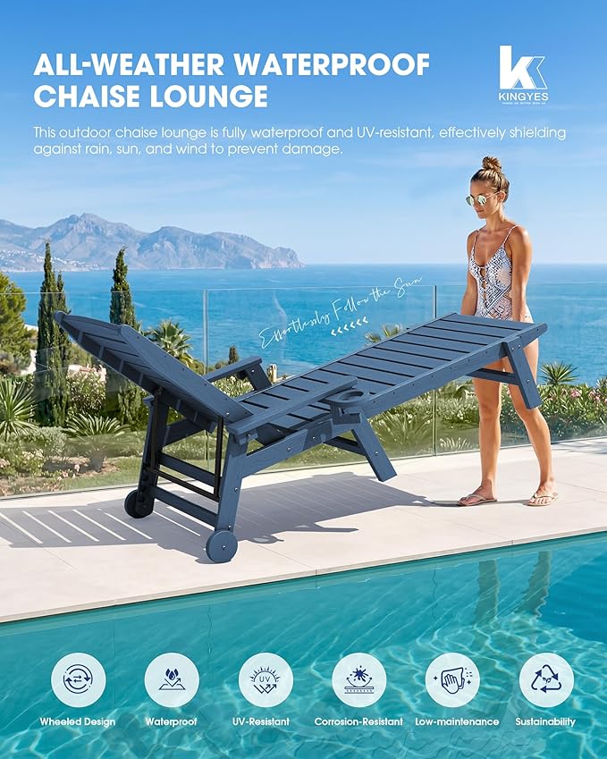 KINGYES HDPE Lounge Chair Outdoor Set of 2, Patio Chaise Lounge Recliner - Image 6