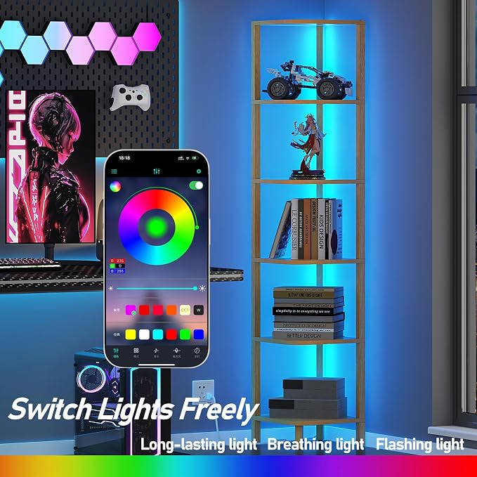 TUTOTAK Corner Shelf with LED Light, 6-Tier Corner Bookshelf - Image 3