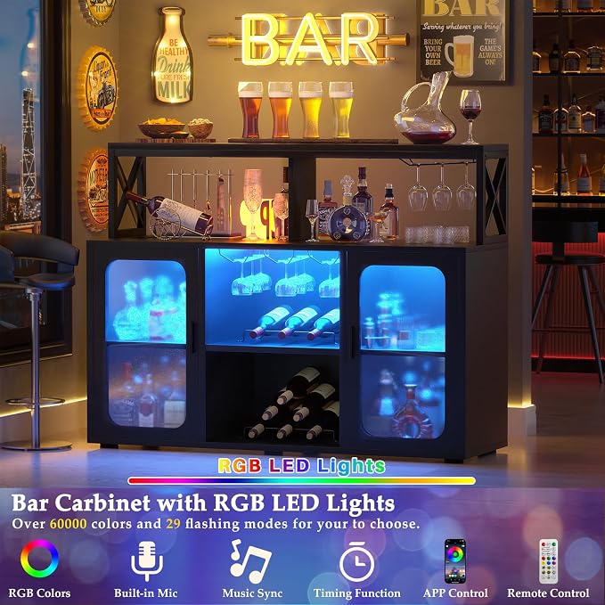 Aheaplus Bar Cabinet with Power Outlets, Liquor Cabinet with Led Lights and - Image 7