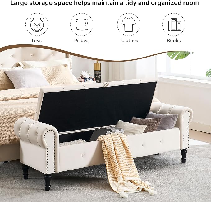 Storage Bench for Bedroom, Velvet 67" End of Bed Bench, King Size Bench - Image 5