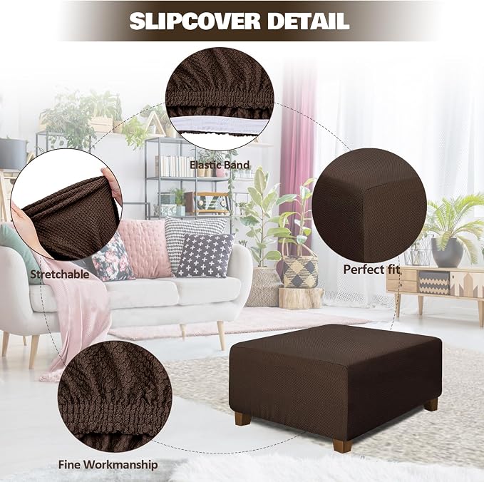 NeColorLife Square Ottoman Cover Jacquard Fabric Thick Stretchable Slipcover - Image 2
