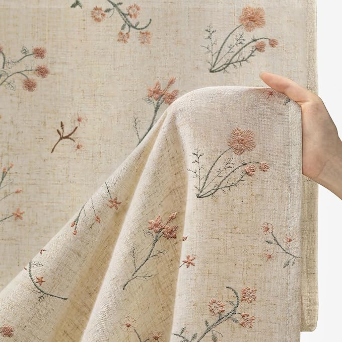 Floral Embroidered Light Filtering Curtains 72 Inch 2 Panels | Linen Blend - Image 4
