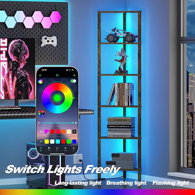 TUTOTAK Corner Shelf with LED Light, 6-Tier Corner Bookshelf - Image 3