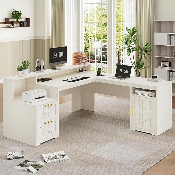 YOMILUVE 63" Farmhouse L Shaped Executive Desk - Image 3