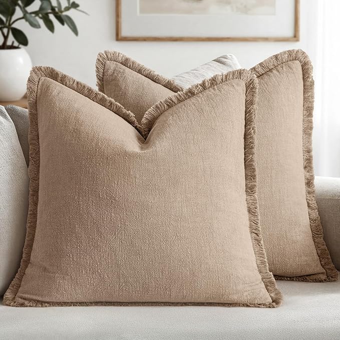 MIULEE Boho Linen Fringe Decorative Euro Throw Pillow Covers Camel 26x26 | Set by MIULEE