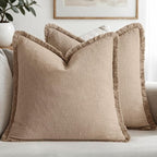 MIULEE Boho Linen Fringe Decorative Euro Throw Pillow Covers Camel 24x24 | Set by MIULEE