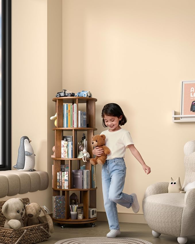 4-Tier Solid Wood Rotating Bookshelf on Wheels, 360° Spinning Book Shelf Tower - Image 8