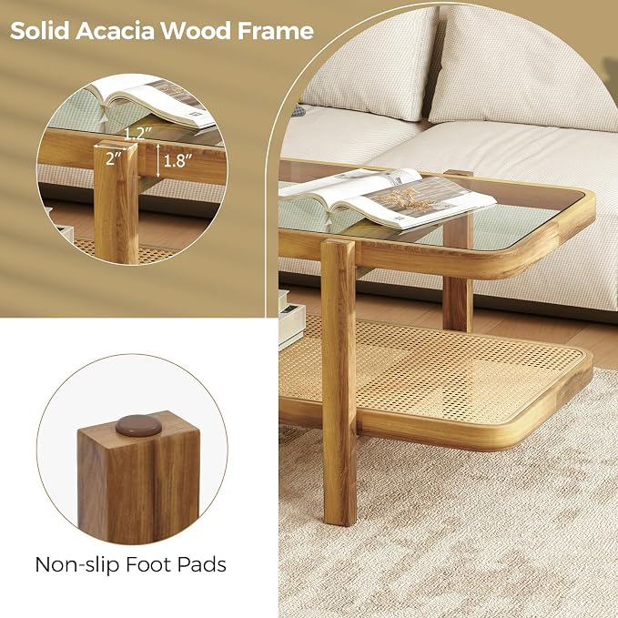 Giantex Rattan Coffee Table, 47.5" Rectangle Solid Wood Tea Table w/Tempered - Image 3