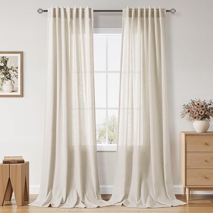 Warm Beige Linen Curtains Semi Sheer 96 Inches Long 2 Panels Set by Nanspring