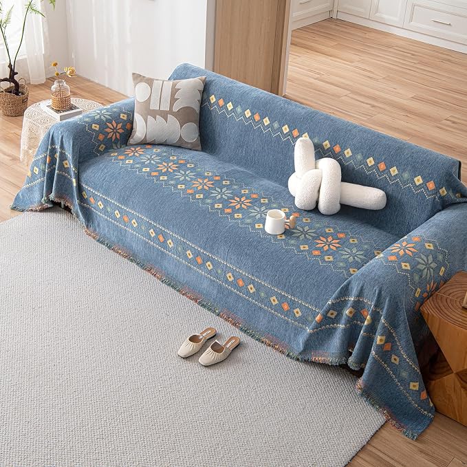 DREAMINGO Blue Boho Couch Cover Geometric Jacquard Sofa Covers - Image 7