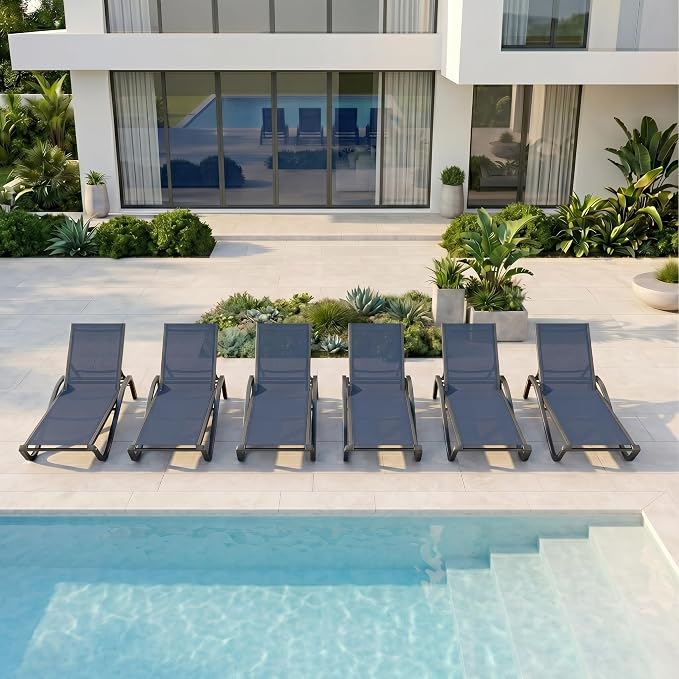 Patio Chaise Lounge Chairs Set of 6, All-Weather Aluminum Pool Loungers - Image 3