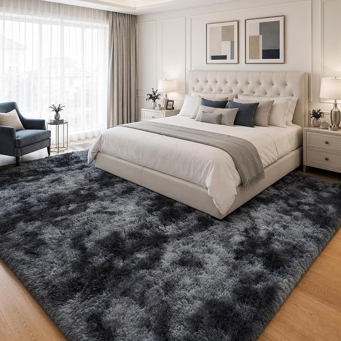 PLHXFR 9x12 Area Rugs Living Room: Fluffy Bedroom Soft Shag Rug Black Grey | - Image 3