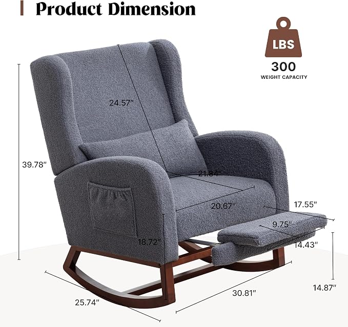 HCHAIRH Rocking Chair with Foot Rest, Teddy Nursery Rocking Chairs, Wingback - Image 2