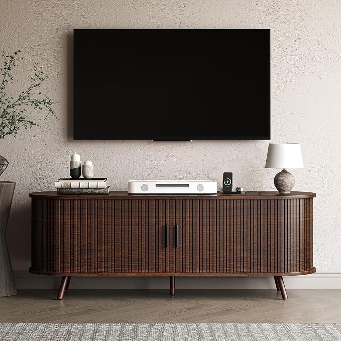 55 inch TV Stand with Power Outlet, Fluted Entertainment Center by Unknown