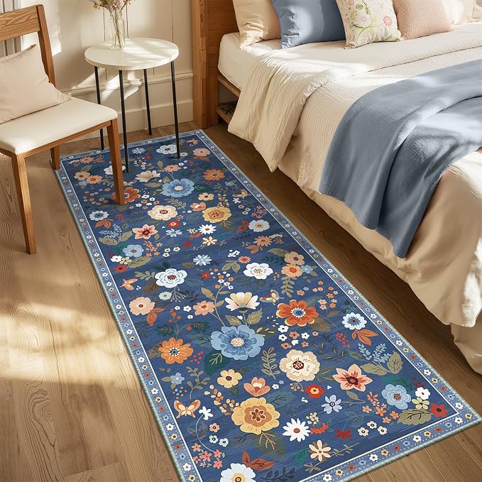 Floral Washable 2x6 Area Rugs Runner Entryway Hallway Blue/Grey | Flower Carpet - Image 2