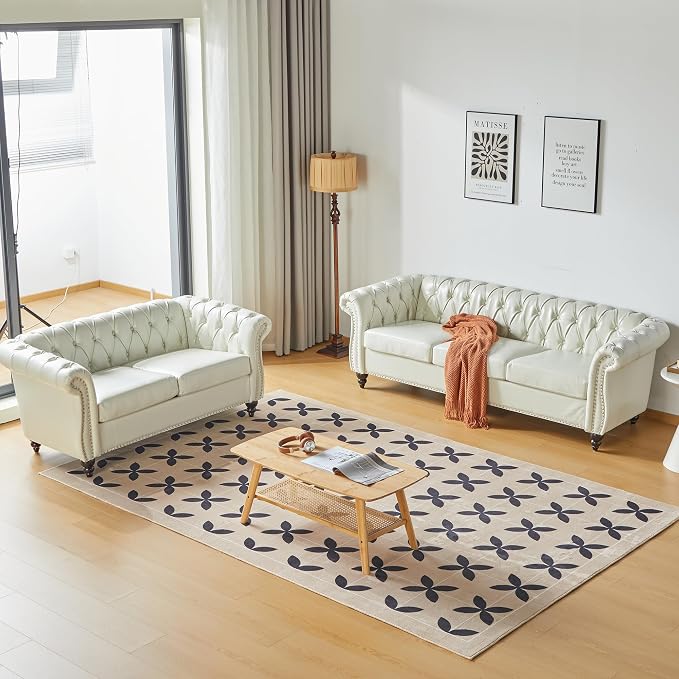 LEVNARY Leather Sofa, Chesterfield Tufted Upholstered 2 Seater Couch, Modern - Image 6