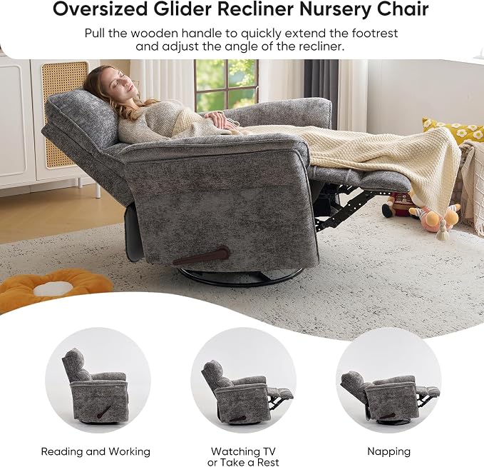 Rocking Chair Nursery with Adjustable Headrest, Manual Swivel Rocker Recliner - Image 5