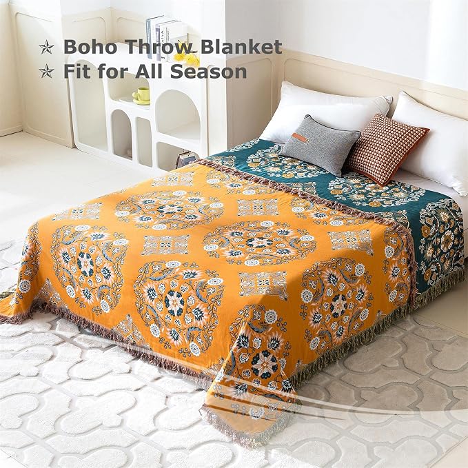 LUTBM Boho Throw Blanket for Bed 100% Cotton Soft Lightweight Quilt Reversible - Image 3
