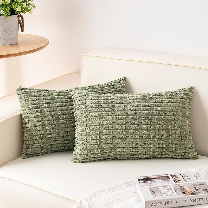 Pack of 2 Corduroy Decorative Throw Pillow Covers 12x24 Inch, Sage Green | Fall by Unknown