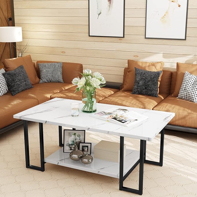 AWQM Marble Coffee Table, Faux Marble Top Rectangular Coffee Table - Image 3