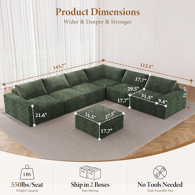 Vesgantti 143.7" Oversized Boneless Couch, Modern 7 Seater Modular Sectional - Image 2