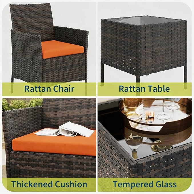 3-Piece Outdoor Furniture Set, PE Rattan Wicker Chairs - Image 6