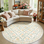 PLHXFR Round Area Rug Living Room: 8 ft Floral Washable Carpet Beige Multi | by PLHXFRSoftAreaRugs