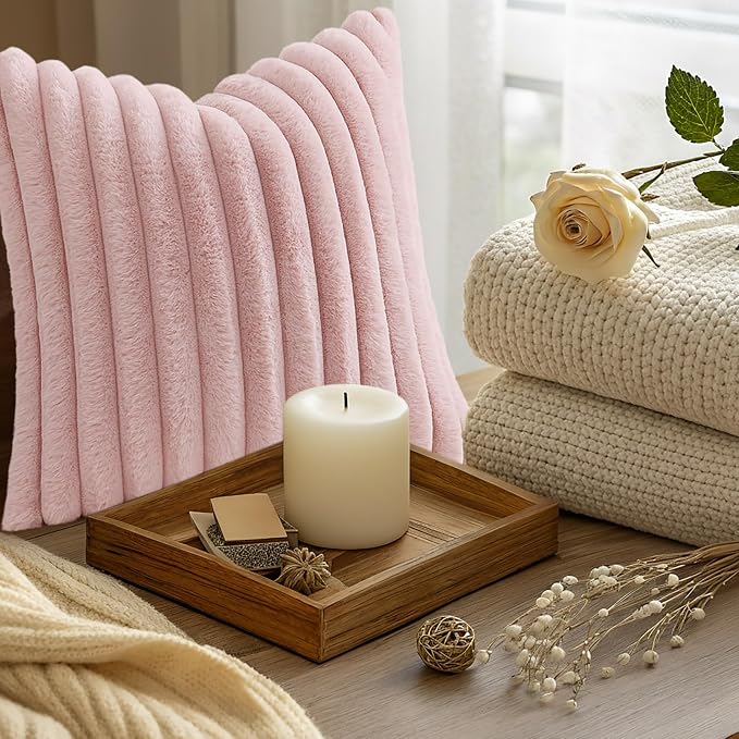 decorUhome Fall Faux Fur Throw Pillow Covers 16x16 Set of 2 Pink | Decorative - Image 9