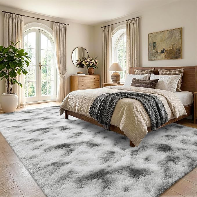 Noahas 5x7 Tie-Dyed Grey and White Fluffy Area Rug Non-Slip - Image 3