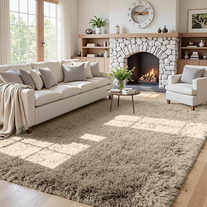 5x8 Fluffy Shag Area Rugs for Living Room Bedroom: Soft Carpet Gray Camel | by CarpetAddColortoYourLife
