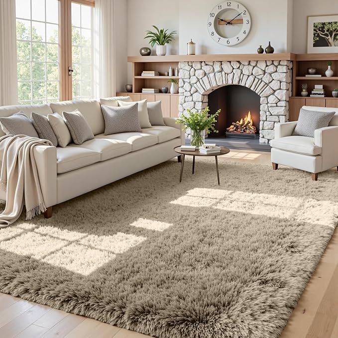 5x7 Fluffy Shag Area Rugs for Living Room Bedroom: Soft Carpet Gray Camel | by CarpetAddColortoYourLife