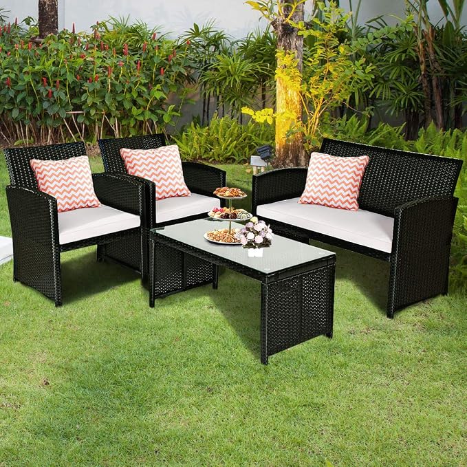 Tangkula Patio Wicker Conversation Furniture Set, Patiojoy Sofa & Table Set w/4 - Image 4