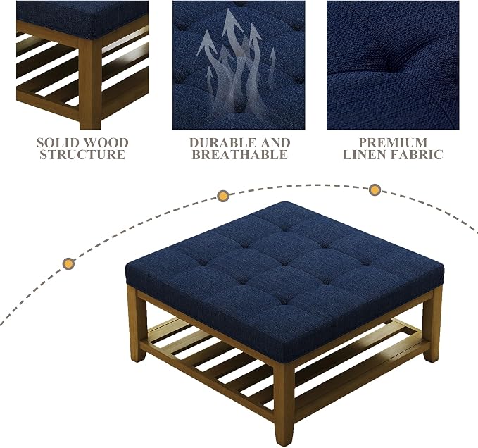 Befurtori Large Square Ottoman Coffee Table, Linen Solid Upholstered Footrest - Image 6