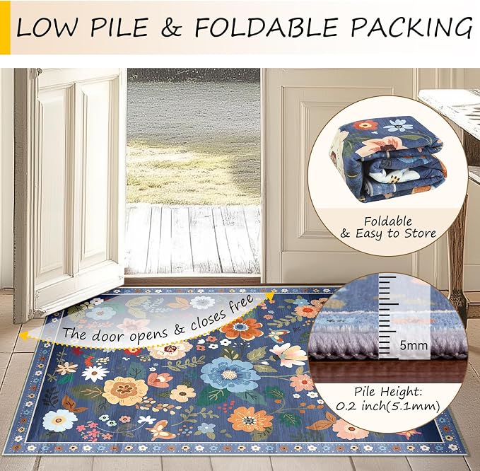 RELEANY Floral Washable 6x9 Area Rugs Blue/Grey | Flower Carpet Print Boho Cute - Image 5