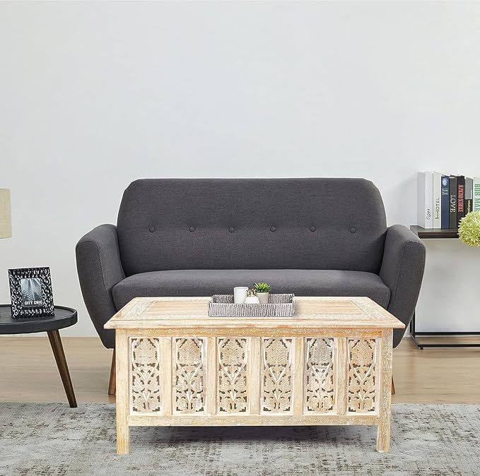 Rectangular Coffee Table – 36x18 Inch White Wash Finish Modern Wooden Center - Image 9